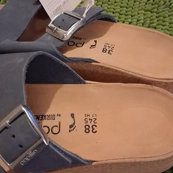 NWT Papillio Blue Slide Sandals with Silver Buckle, Suze 38, Narrow, Cork Wedges - Picture 2 of 8